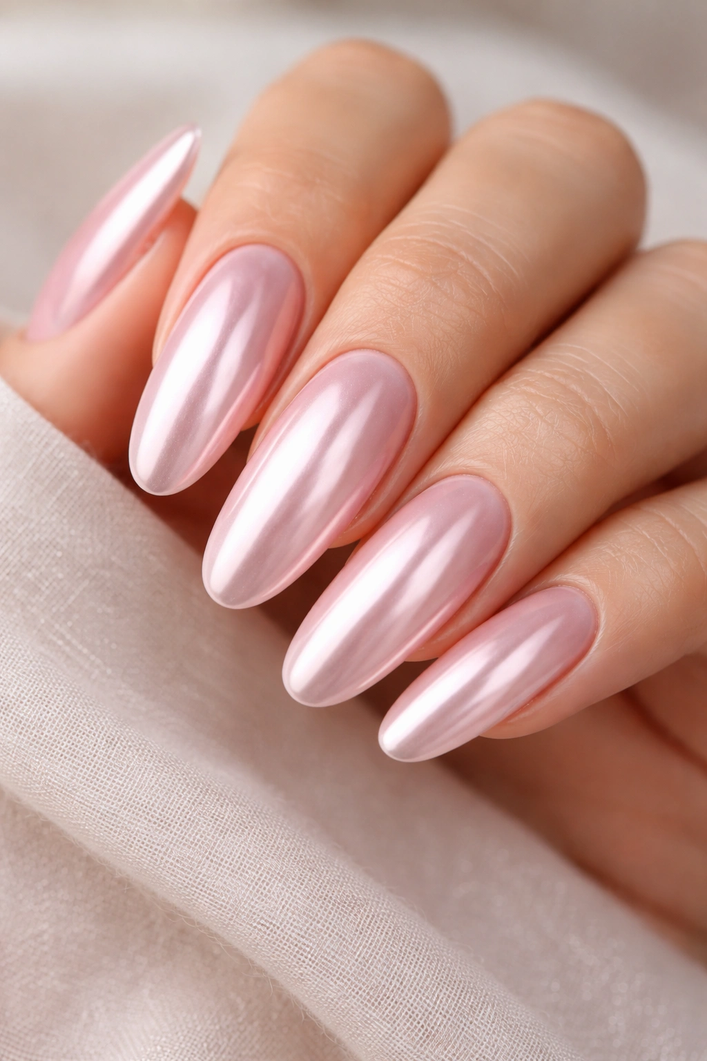 Close-up of pale pink chrome long oval nails with a reflective finish