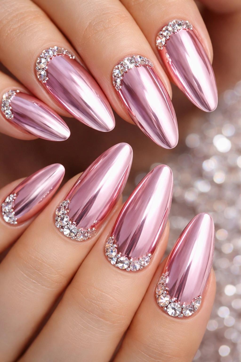 Nails in pink chrome with rhinestone accents for luxe sparkle