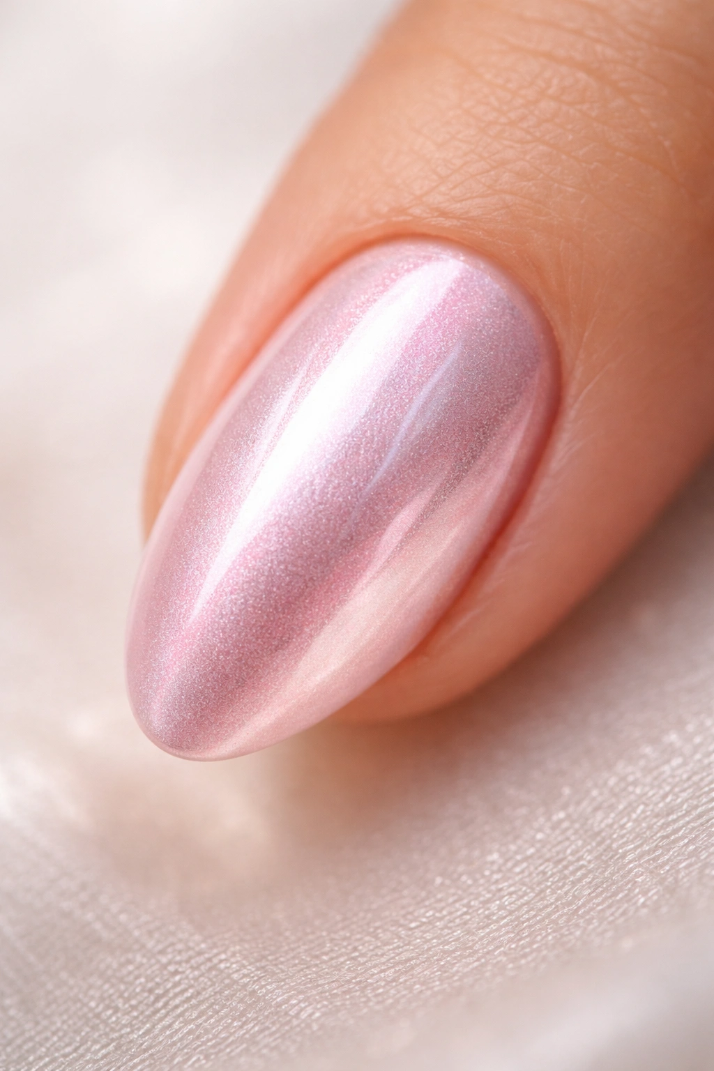 Close-up of a nail painted in a cool pink chrome shade