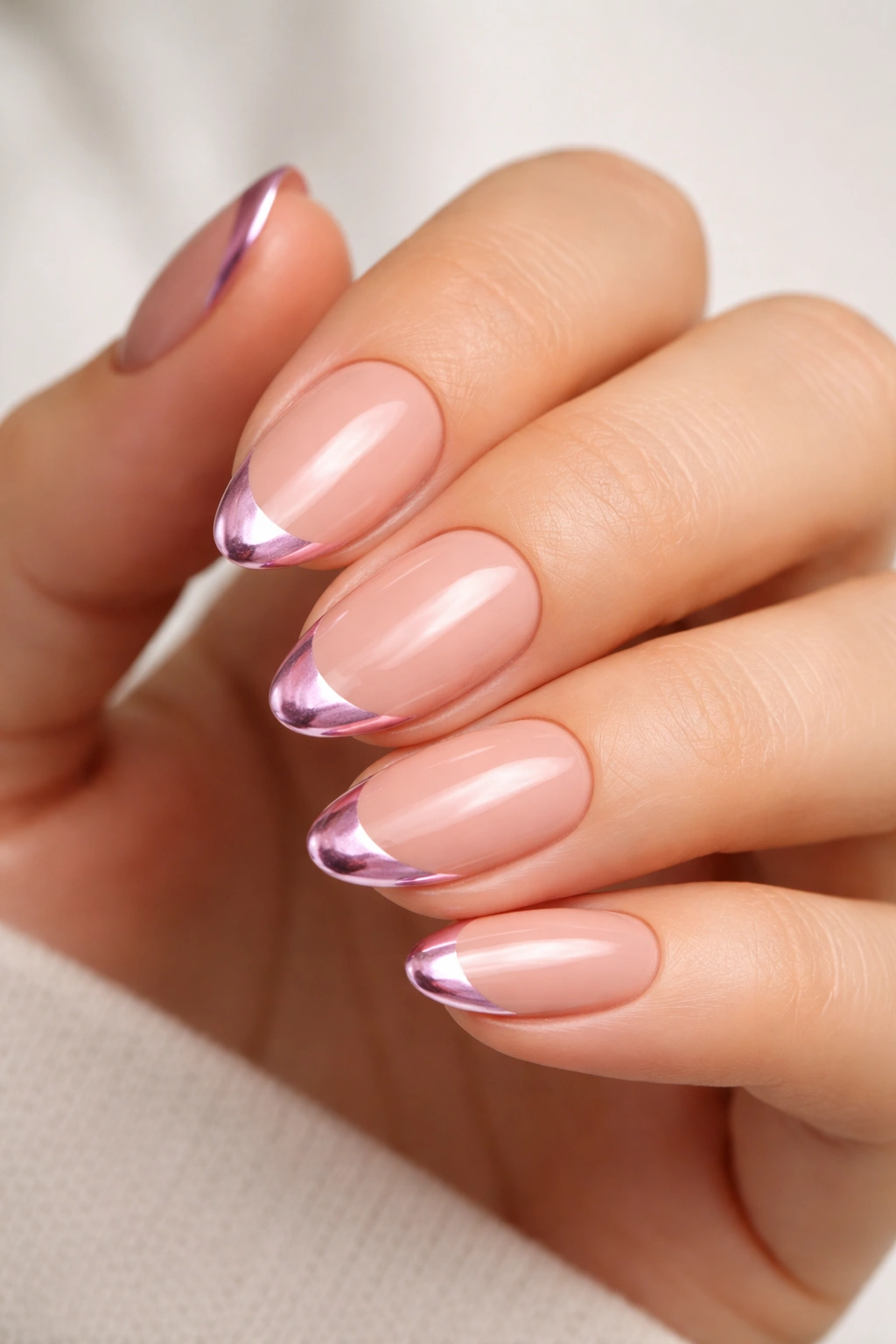 Close-up of short almond nails with nude base and pink chrome French tips