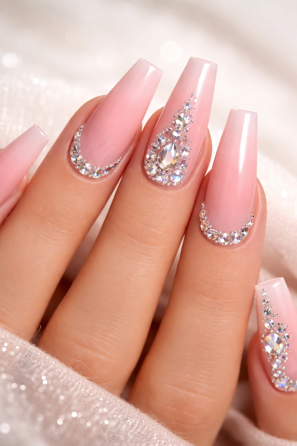 Close-up of pink coffin nails with rhinestones on a hand