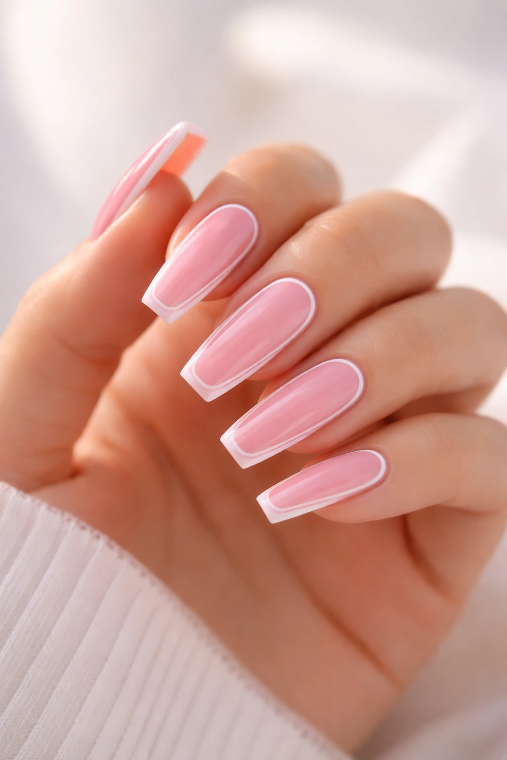 Pink coffin nails with white outlines tracing the coffin shape