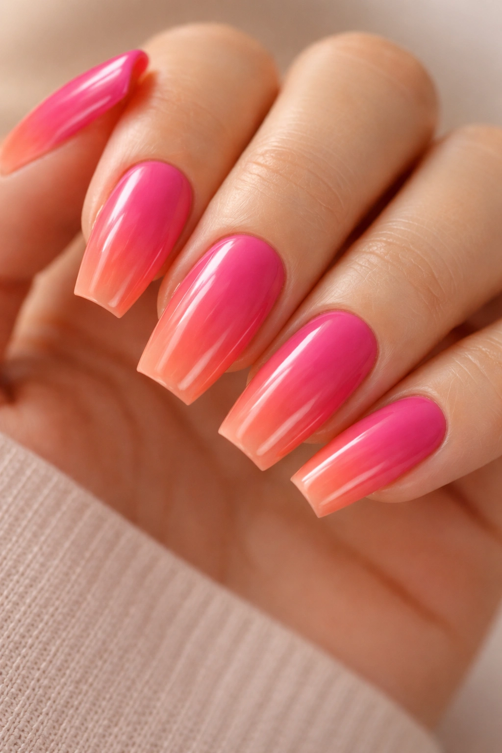 Gradient from hot pink to coral on coffin nails with a glossy finish.