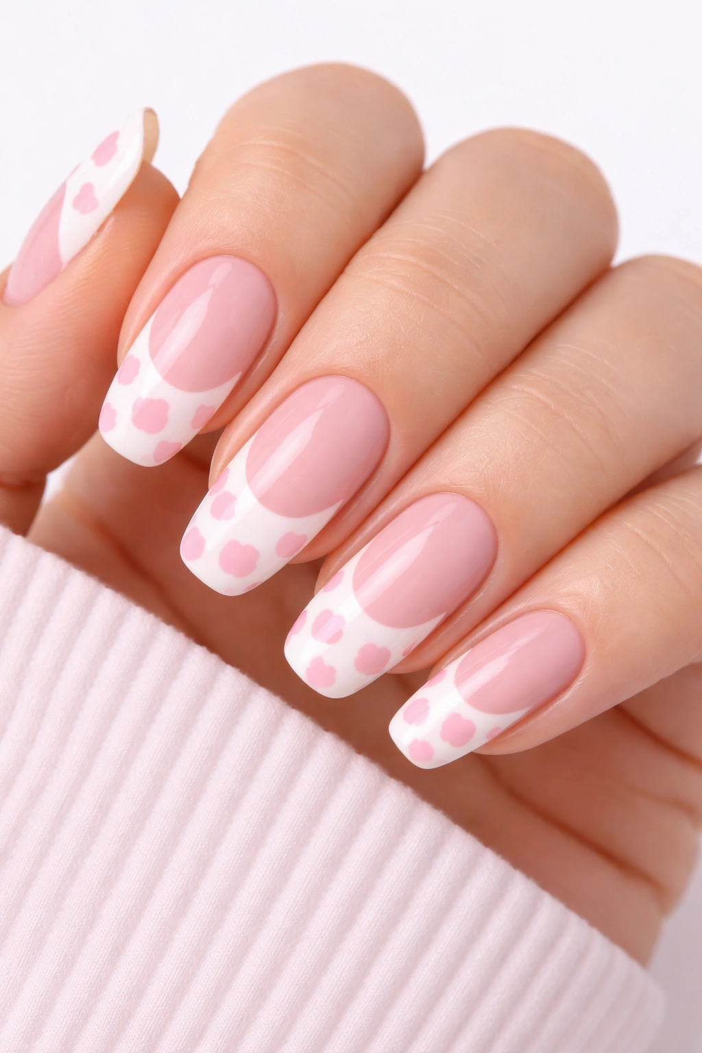 Close-up of pink cow print nails with white tips