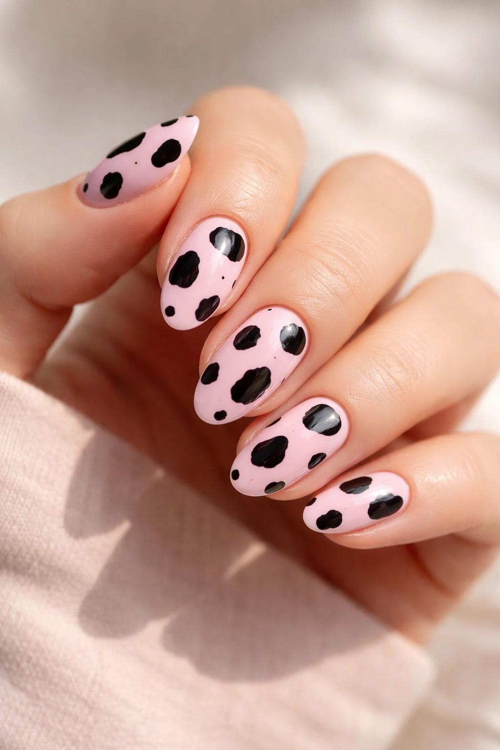 Short almond nails with pink cow print and black spots