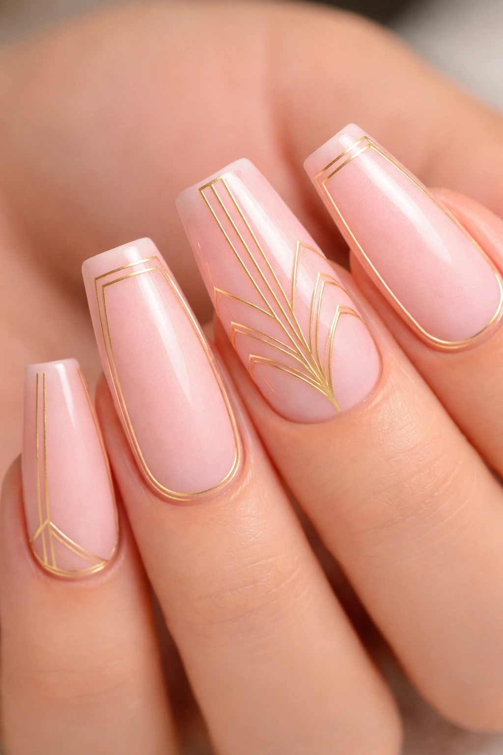 Duck nail with pink base and tiny gold Art Deco lines