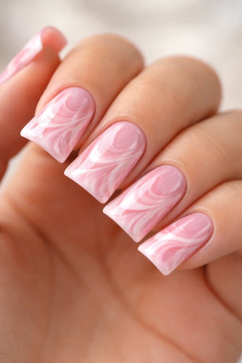 Pink duck nails with white and pink marble design close-up