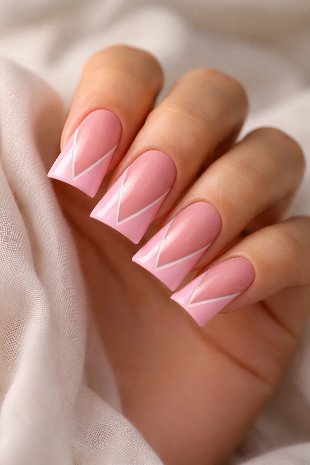 Pink duck nails with negative space design on short nails