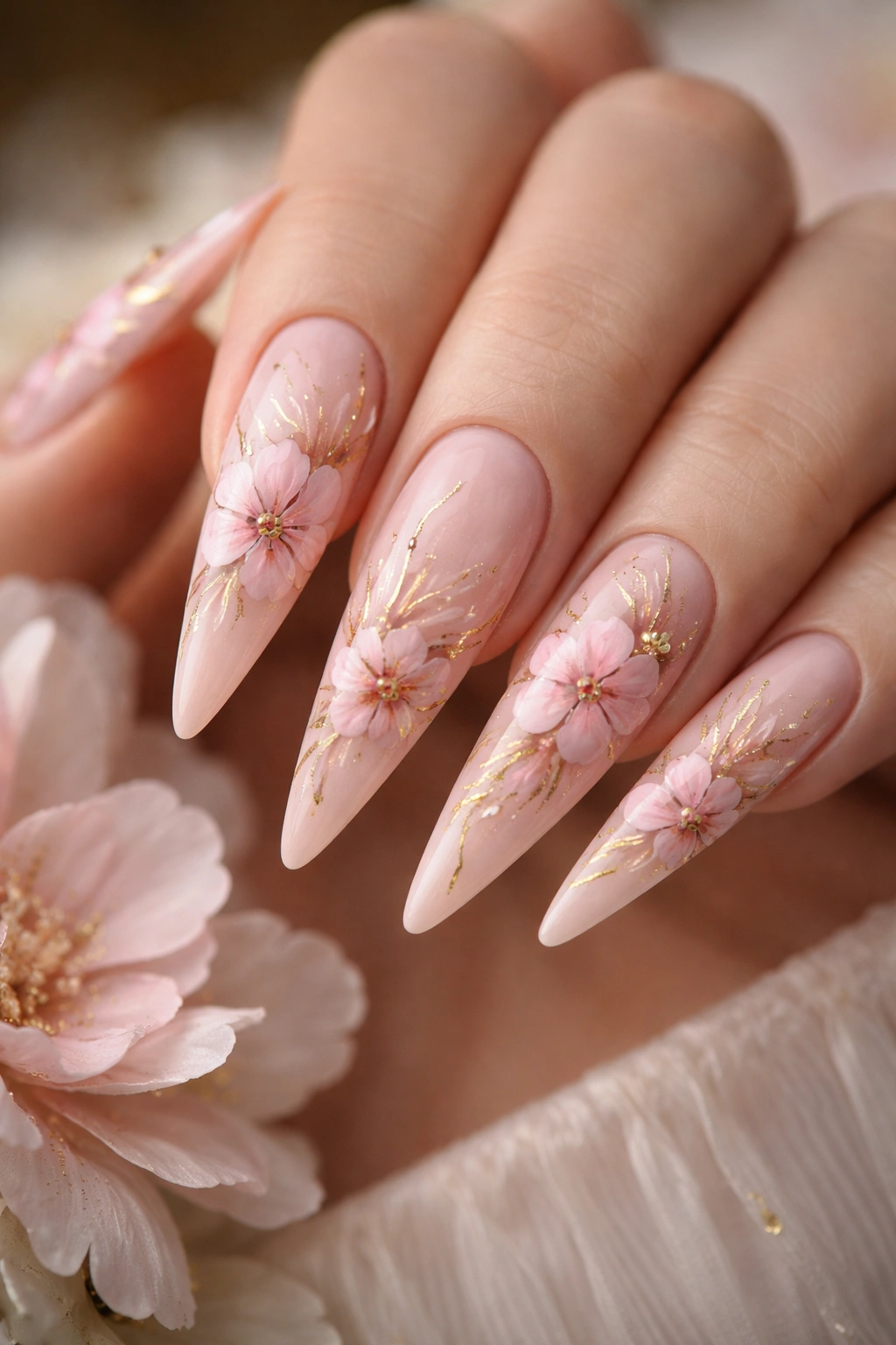 Pink floral nails with gold details on stiletto tips