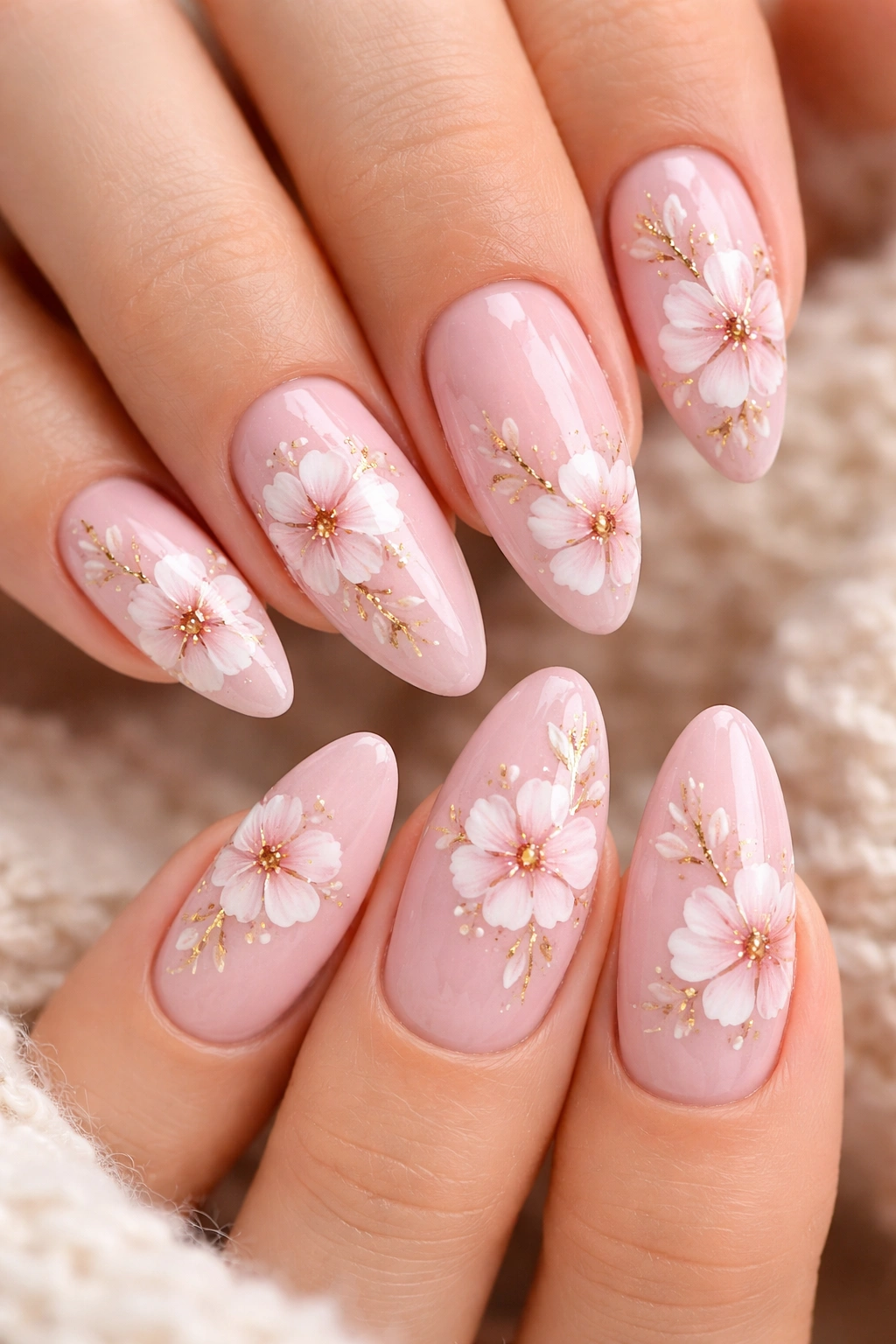Close-up of pink nails with white and gold floral designs