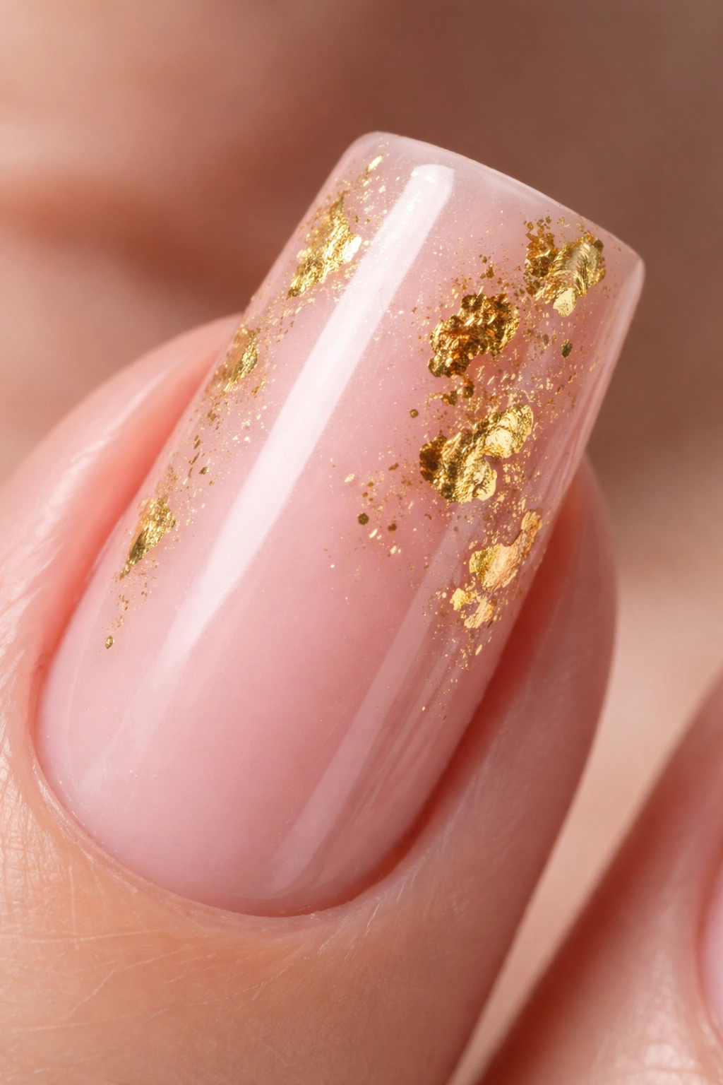 Close-up of a duck nail with pale pink base and gold foil accents