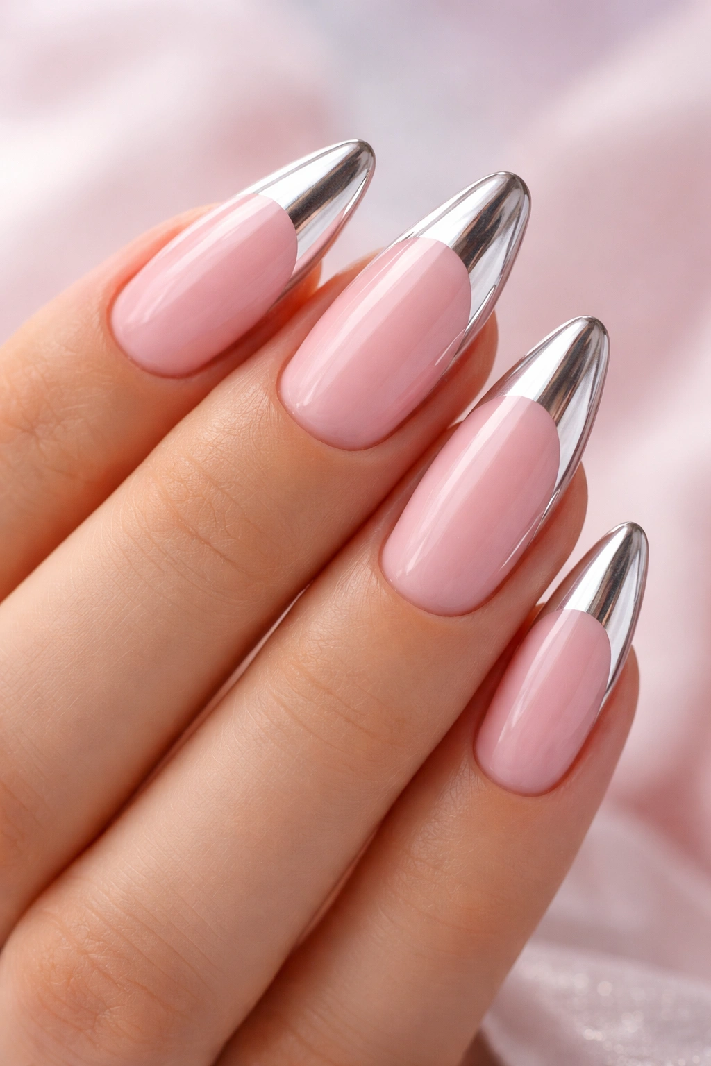 Close-up of almond-shaped nails with pink nude base and chrome French tip.