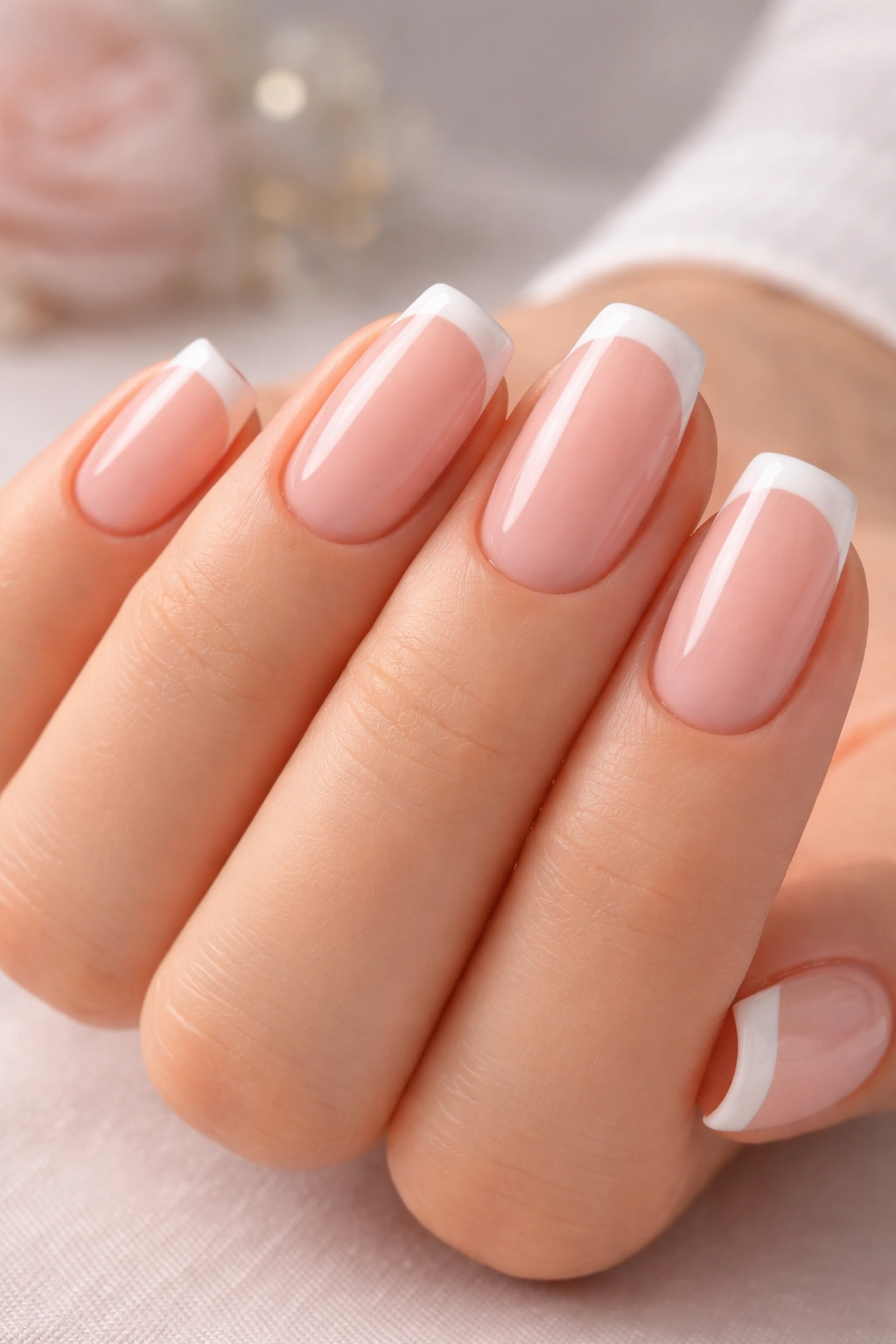 Close-up of baby pink French manicure with nude base