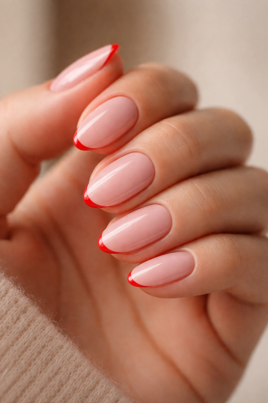 Close-up of pink French nails with micro red tips on short almond nails