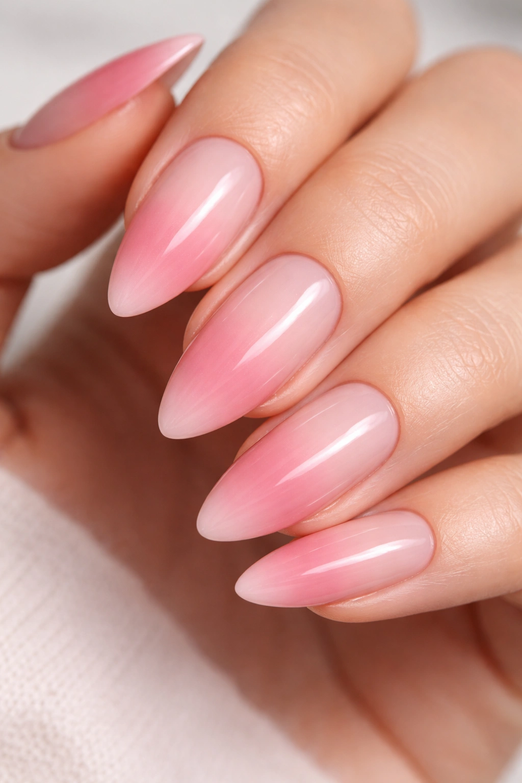 Almond nail pink French ombre reverse tip
