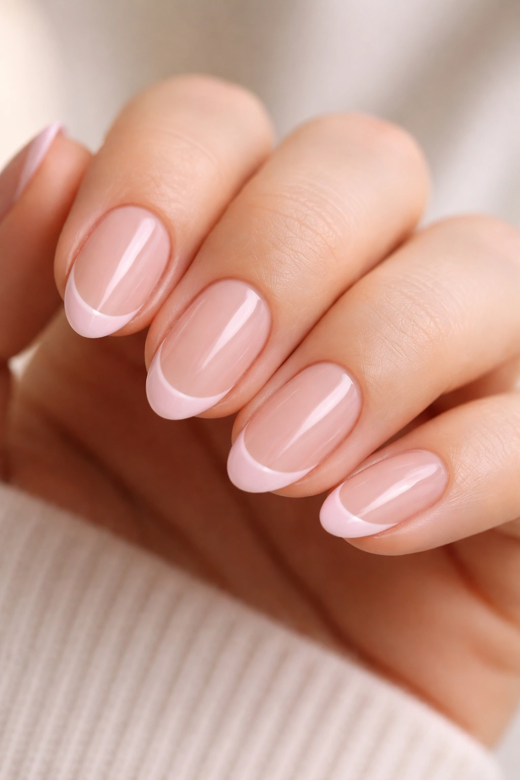 Close-up of pink French tip almond nails with micro smile line
