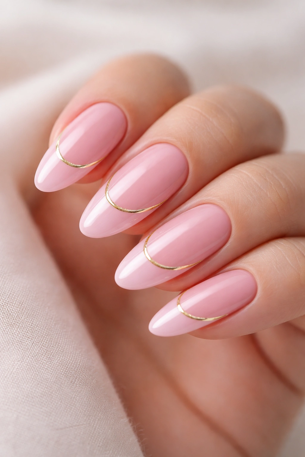 Close-up pink nails with pink tips and gold line between base and tips