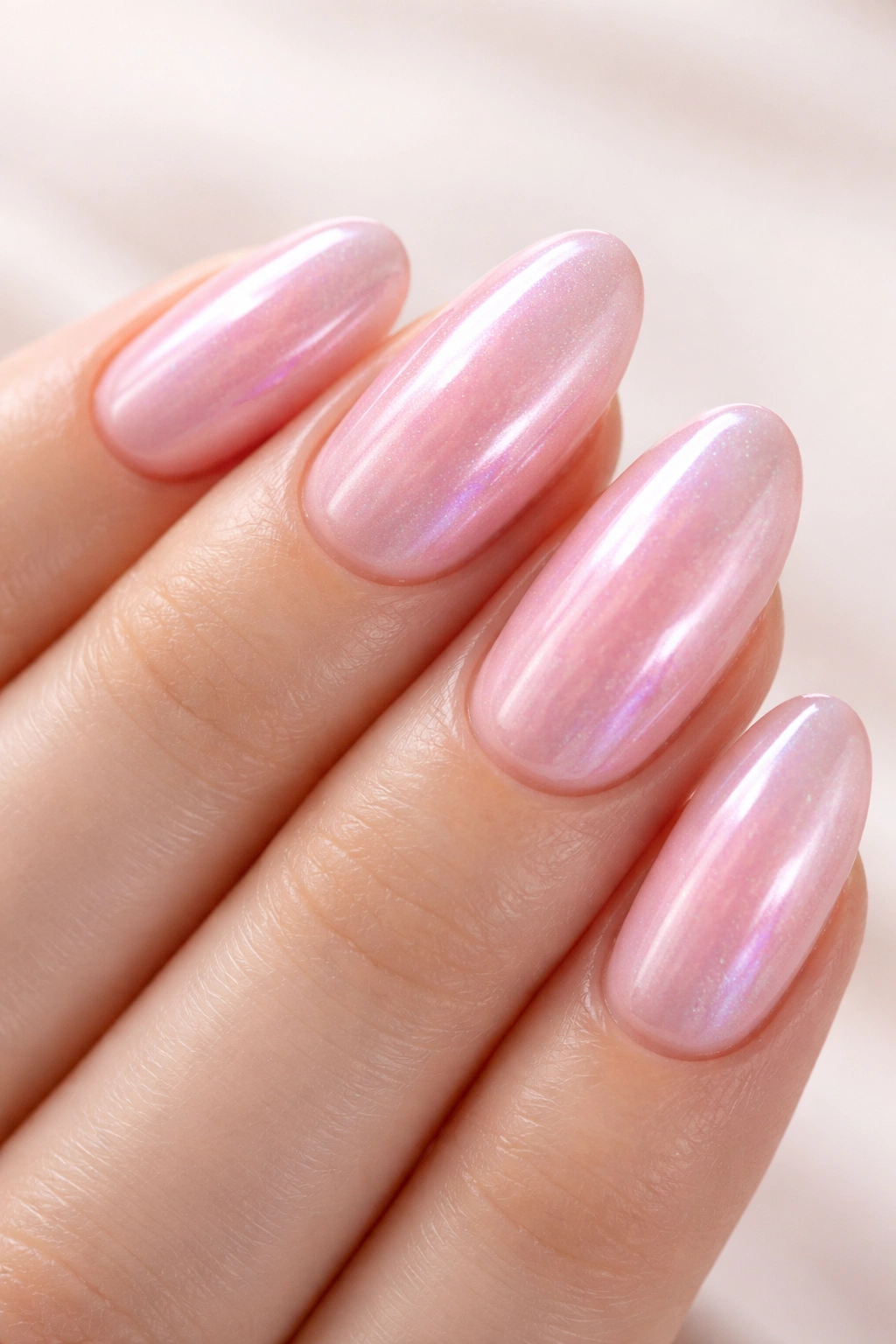 Close-up of pink glazed donut nails with pearlescent finish
