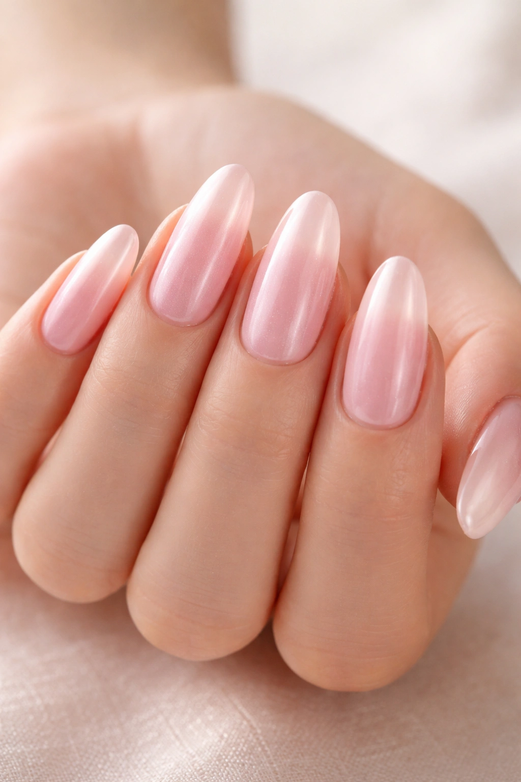 Long oval nails with sheer pink base and pearly chrome glaze