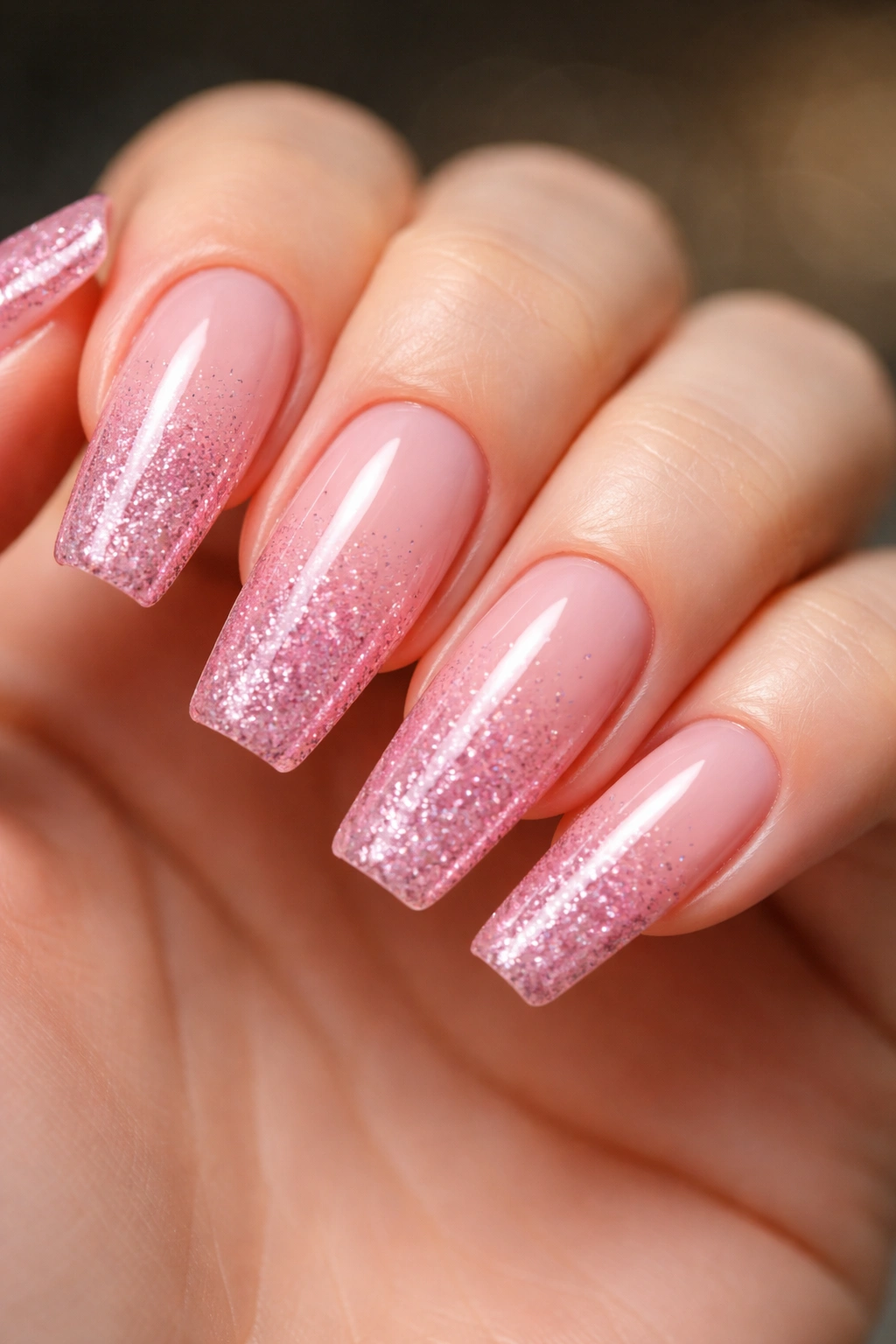 Nails with pink glitter showing sealed tips and durable shine for long wear