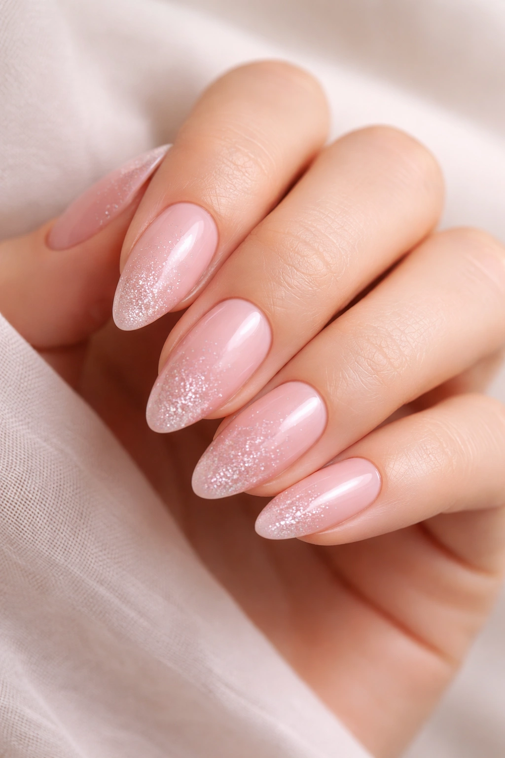 Close-up of pink glitter fade almond nails with a pale base