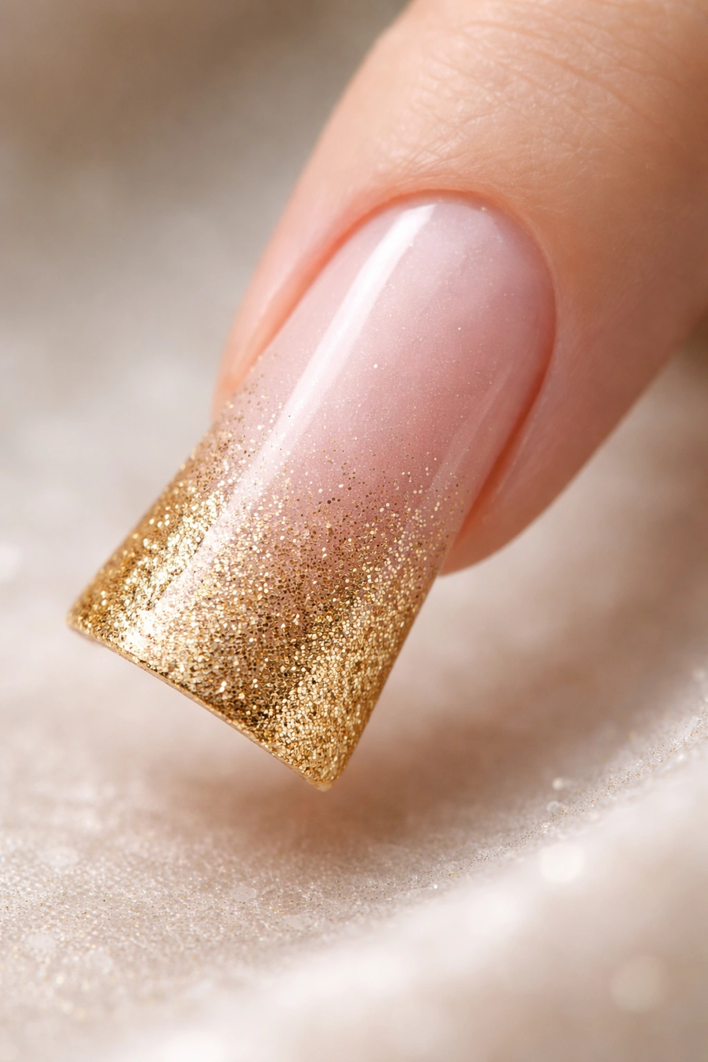 Close-up of a pink duck nail with gold glitter gradient at the tip