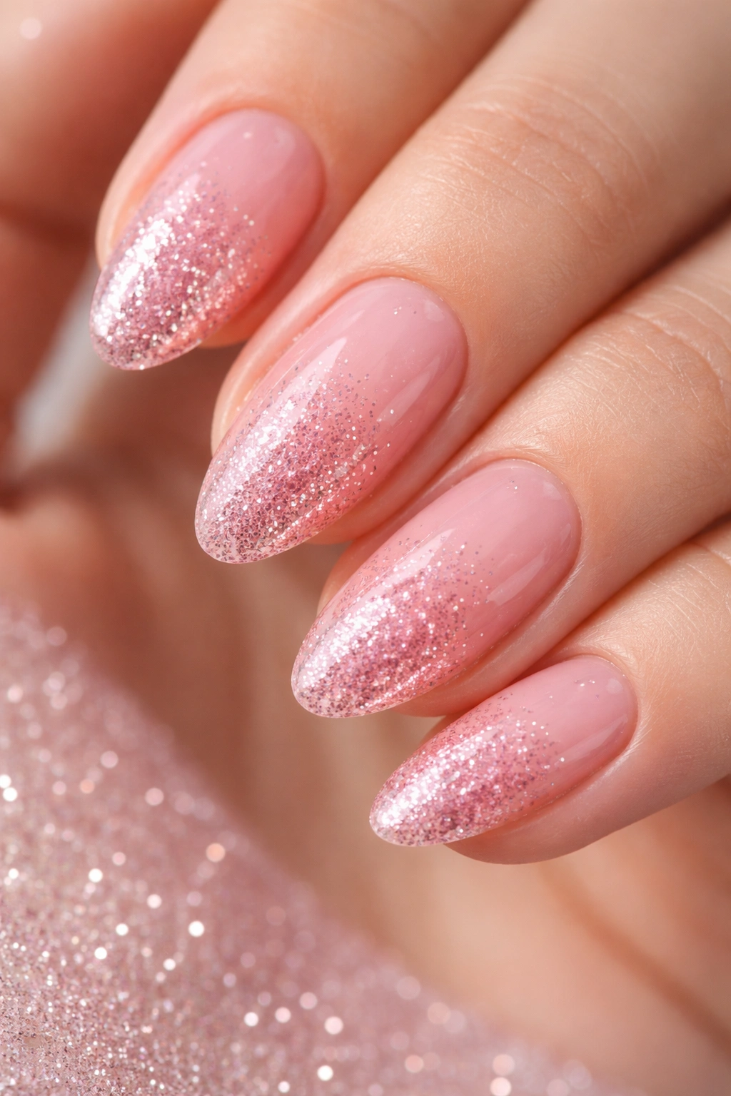 Short almond nails with pink glitter gradient at the tips