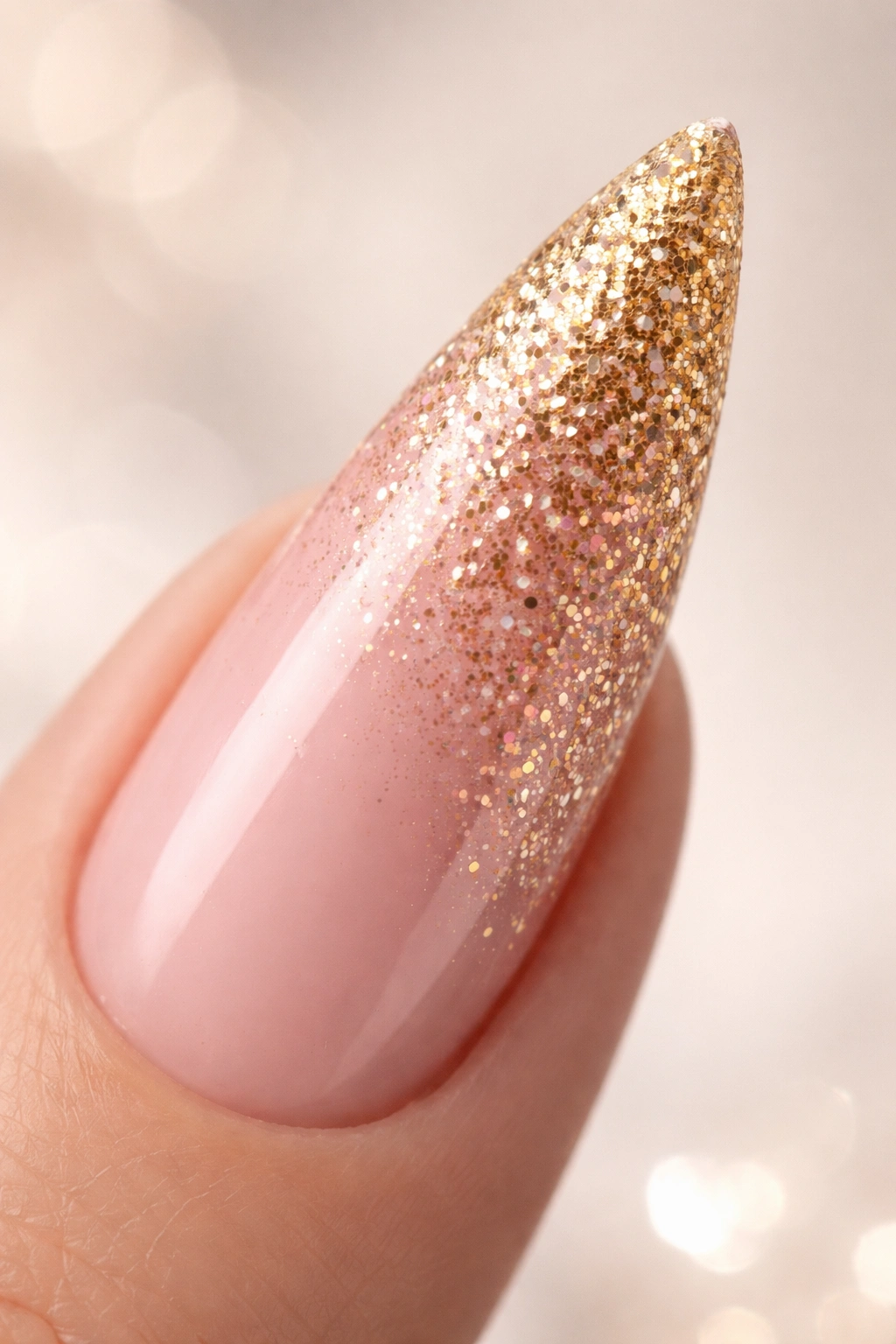 Close-up of a stiletto nail with pink to gold glitter gradient
