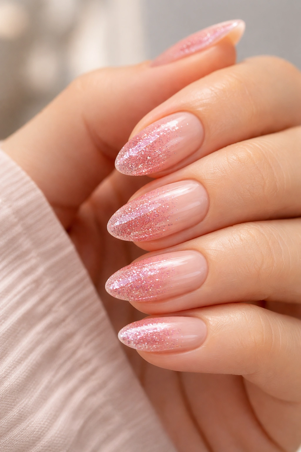 Close-up of pink glitter gradient on nude base nails