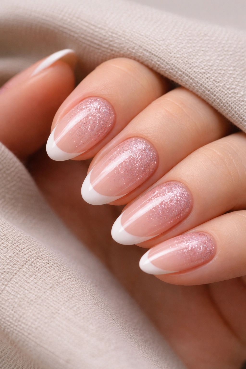 Close-up of short almond nails with sheer pink base and white tips featuring a subtle glitter fade