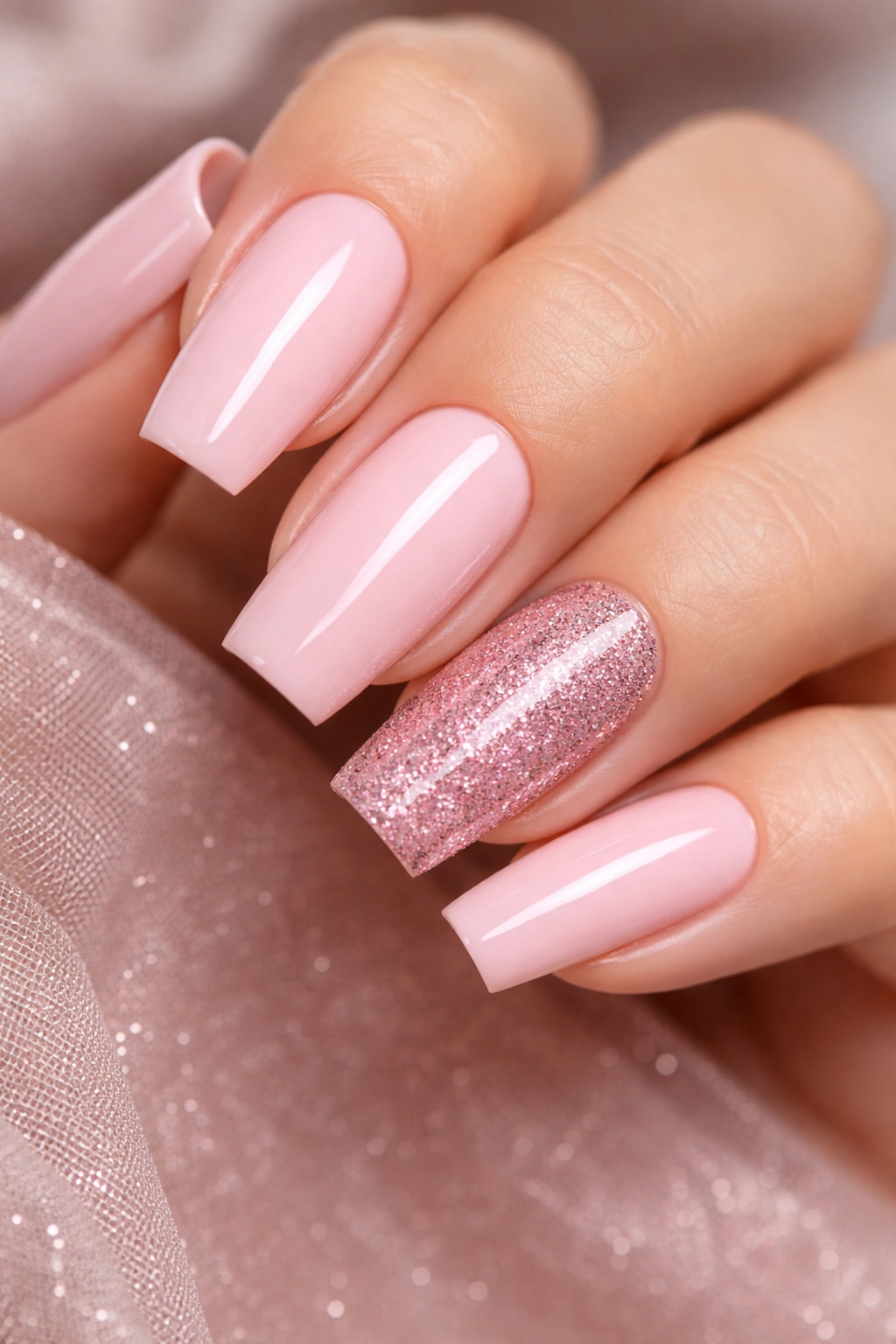 Close-up pink nails with glitter accent on one finger
