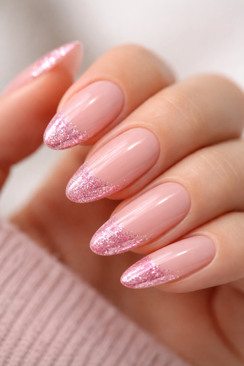 Almond nails with pink glitter tips at the edge