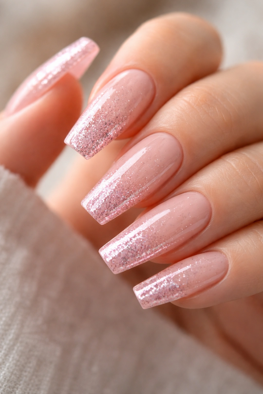 Close-up of pink glitter coffin nails with milky base and tip sparkle