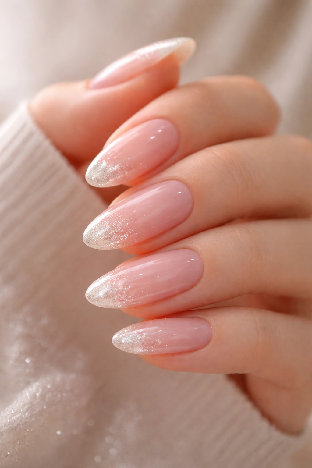 Long oval nails with clear pink fading into fine glitter dust tips