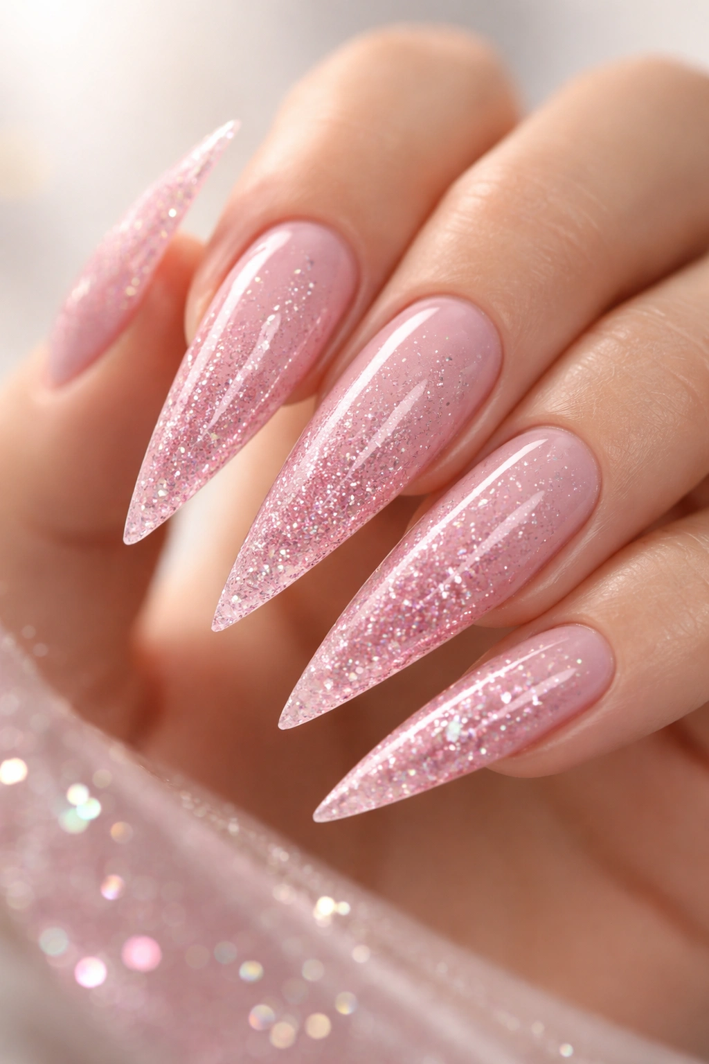 Close-up of pink stiletto nail with glitter sparkle