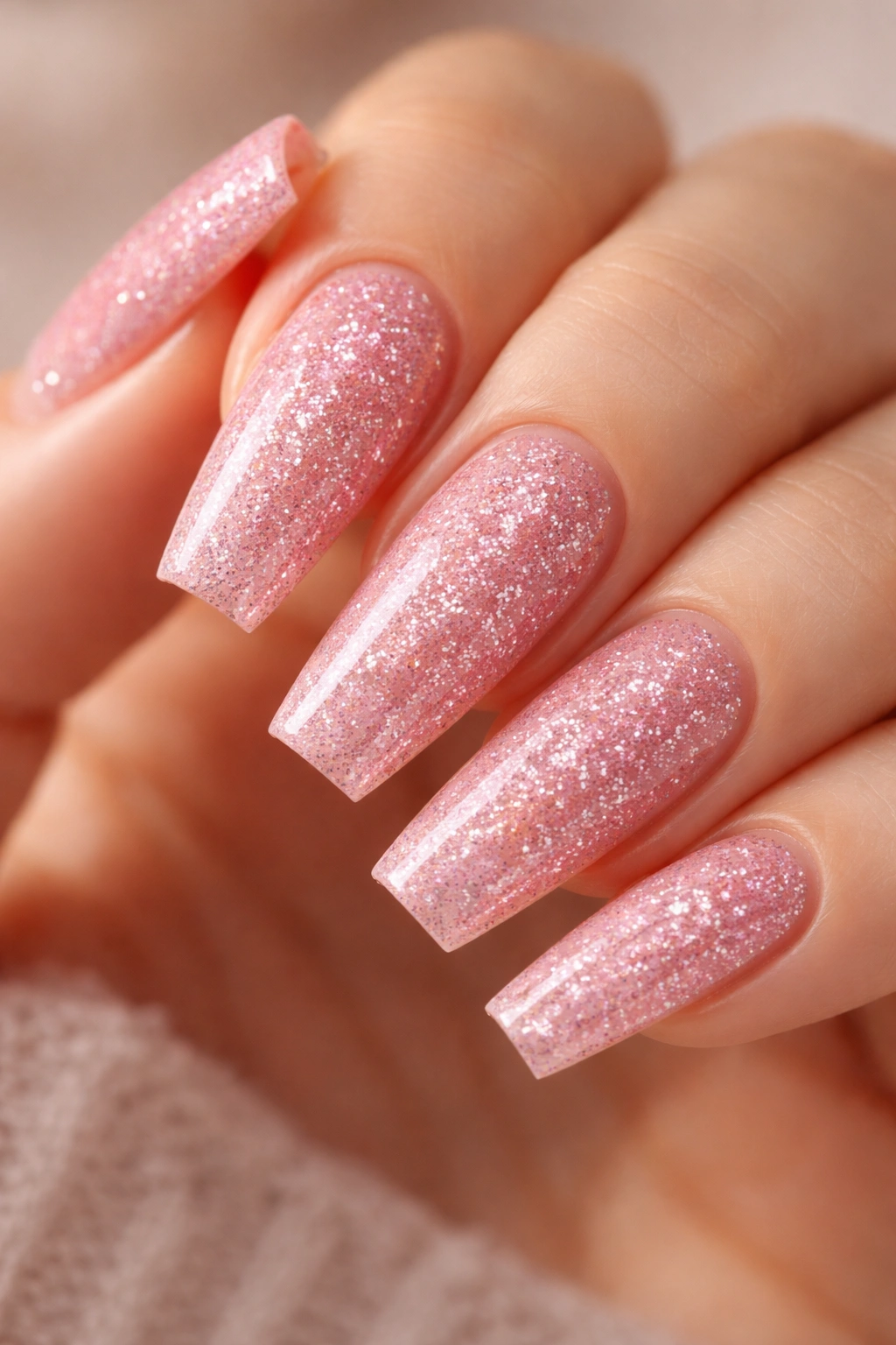 Close-up of pink glitter ballerina nails with a clean tapered shape and squared tips
