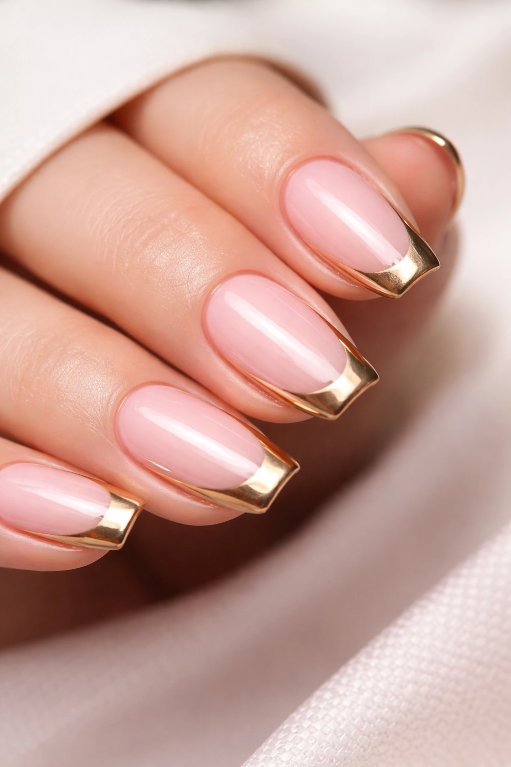 Nails with pink base and gold French tips