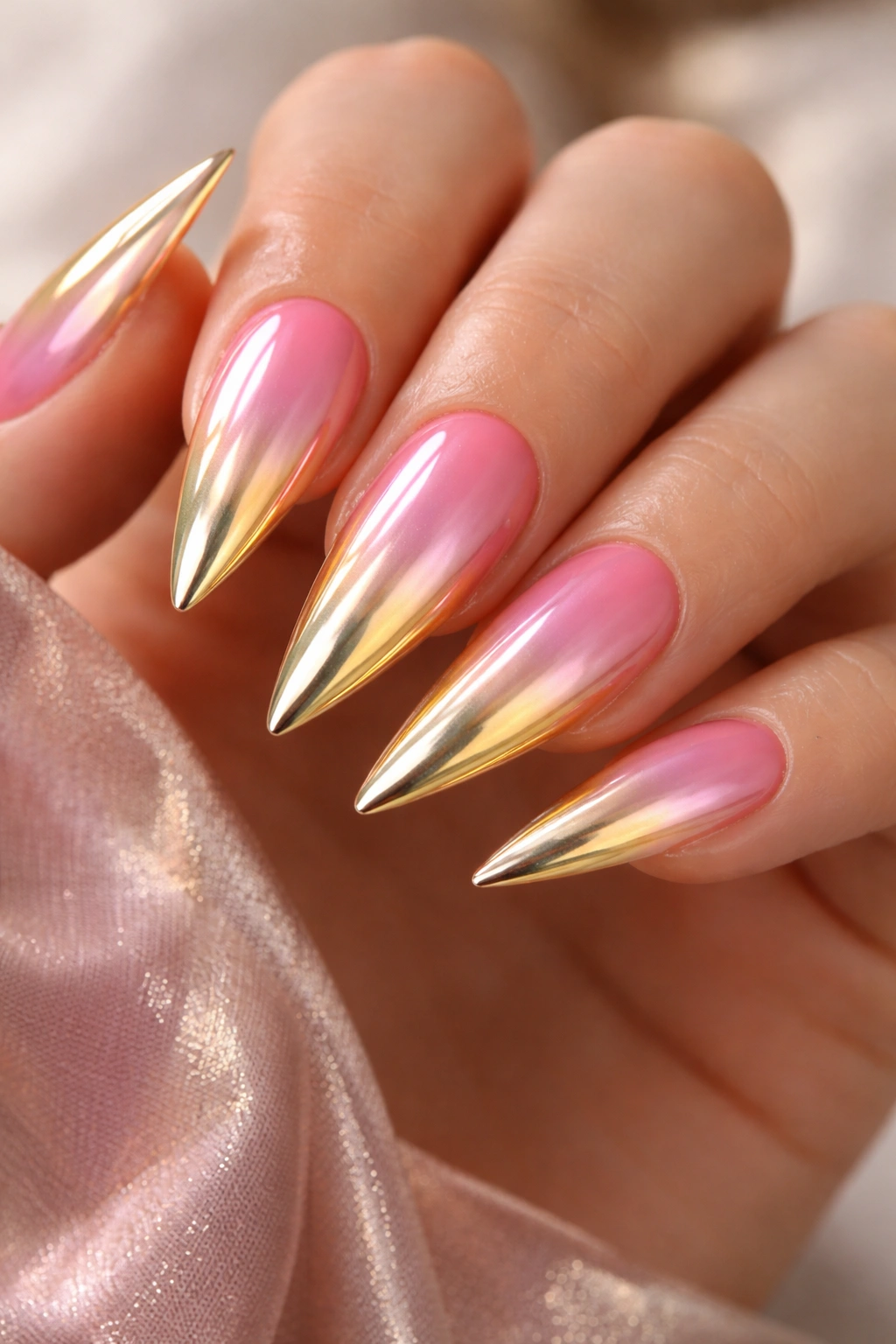 Pink to gold ombre nails with a chrome mirror finish on stiletto tips