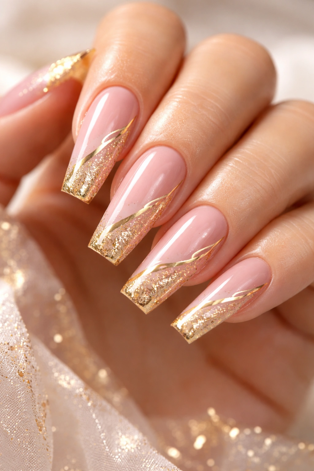 Close-up of pink and gold nails with foil accents