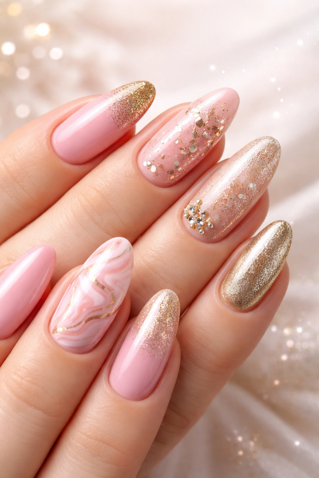 Close-up of pink and gold nails illustrating versatile design options