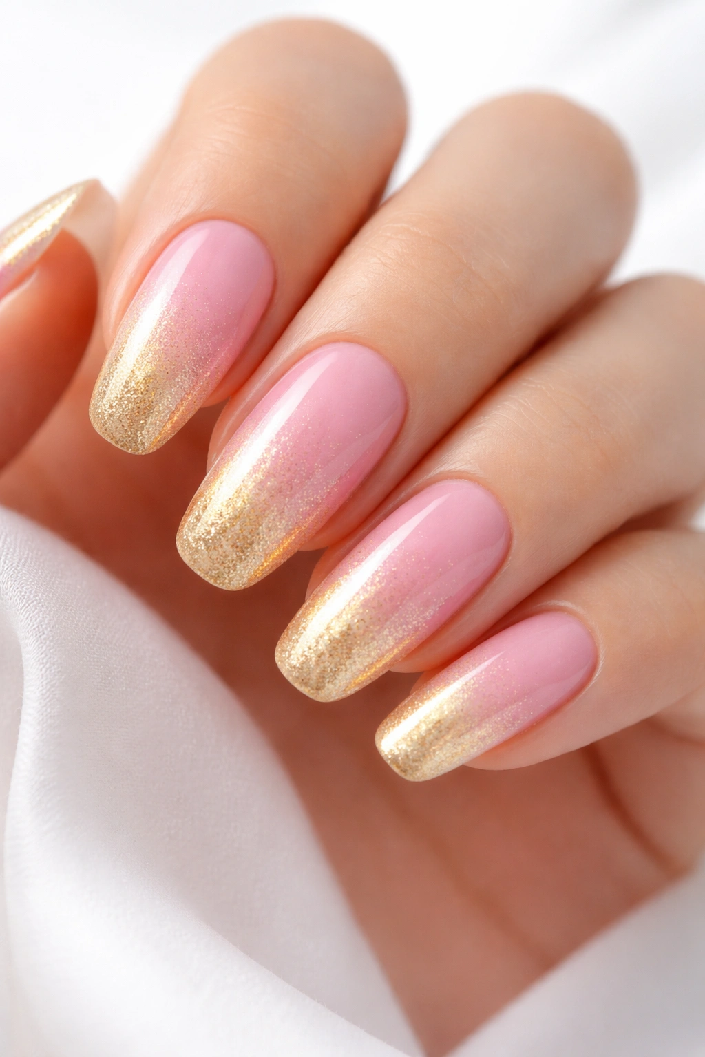 Nails with a seamless pink-to-gold ombré and soft transition