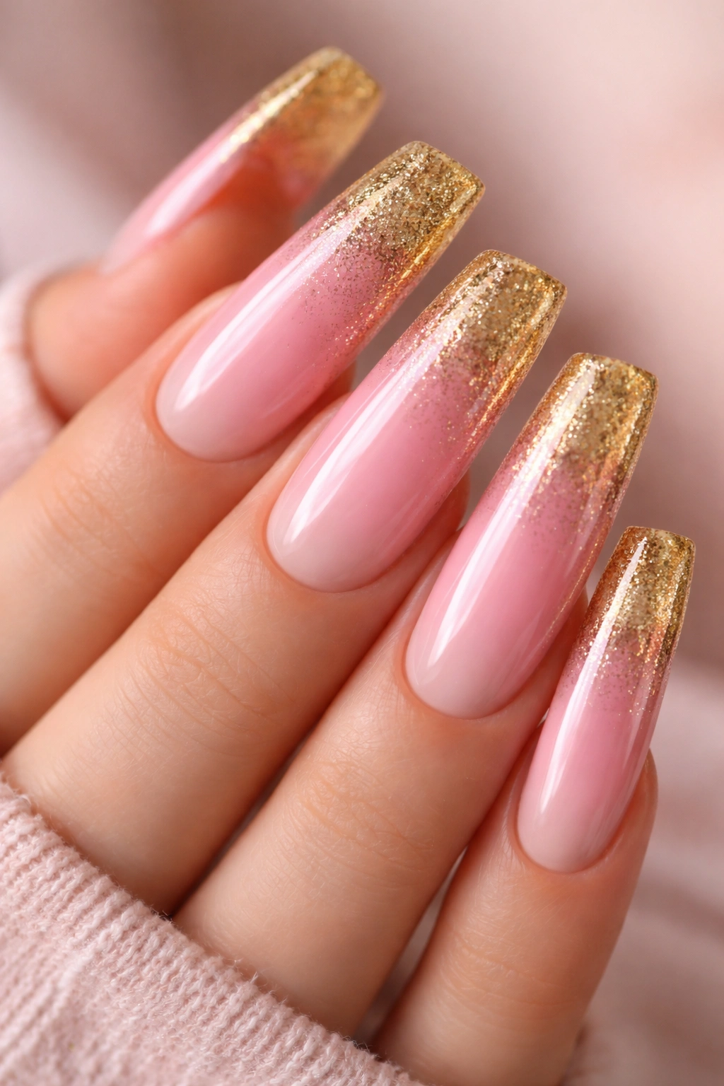 Close-up of soft pink to gold ombré nails on long duck nails.