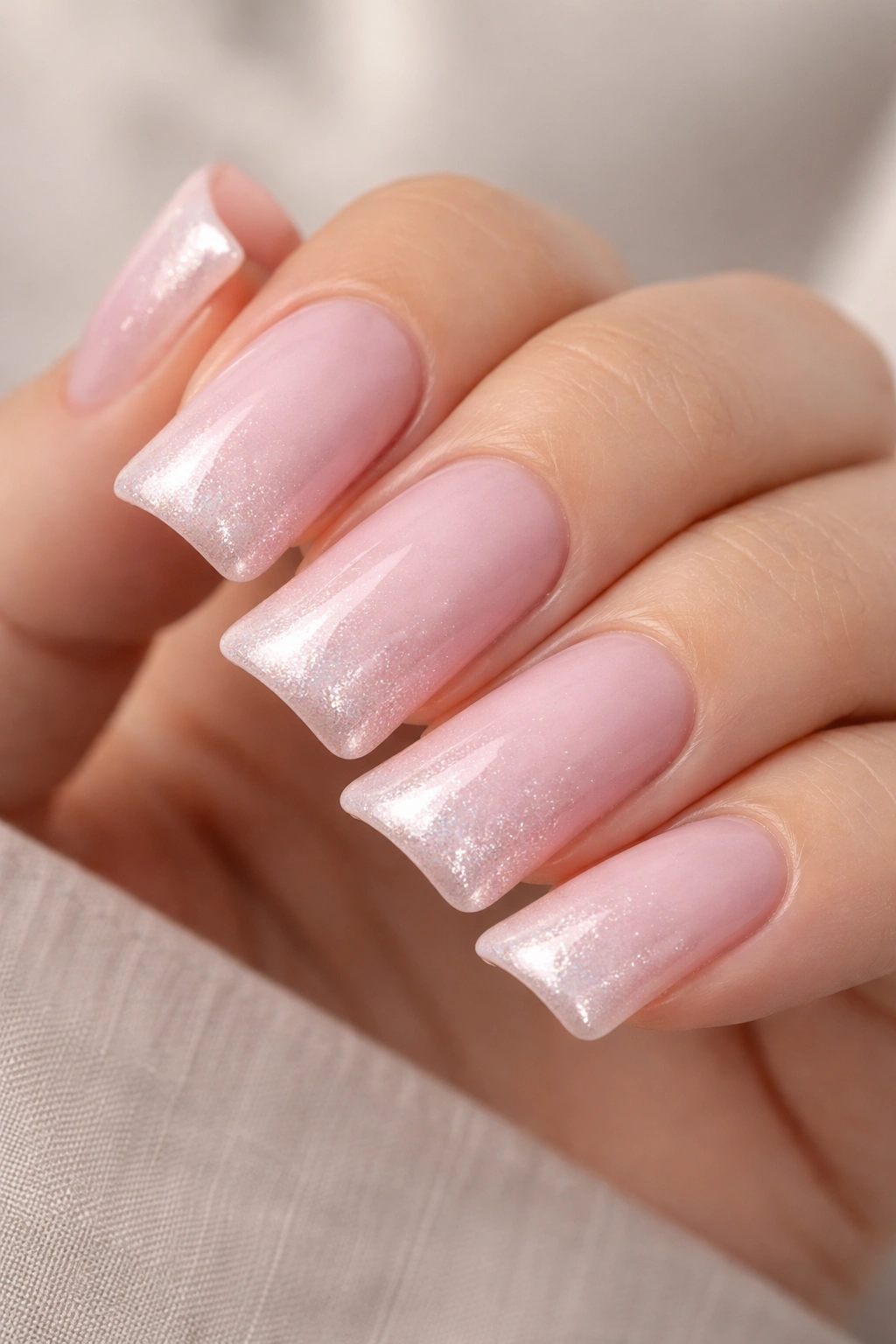 Close-up of short nails with pink gradient and shimmering duck tip
