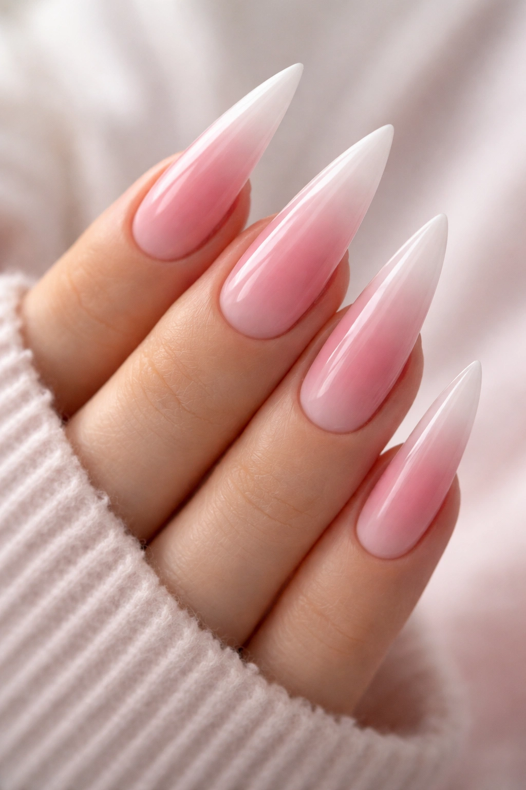 Pink gradient stiletto nails from white tips to deep pink base