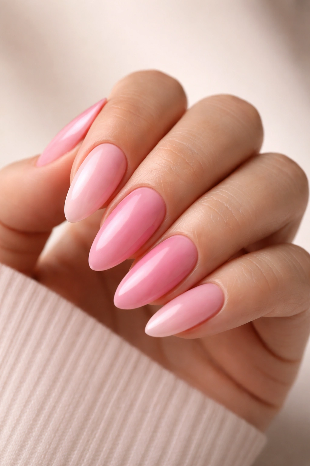 Almond nails gradient blending warm and cool pink shades