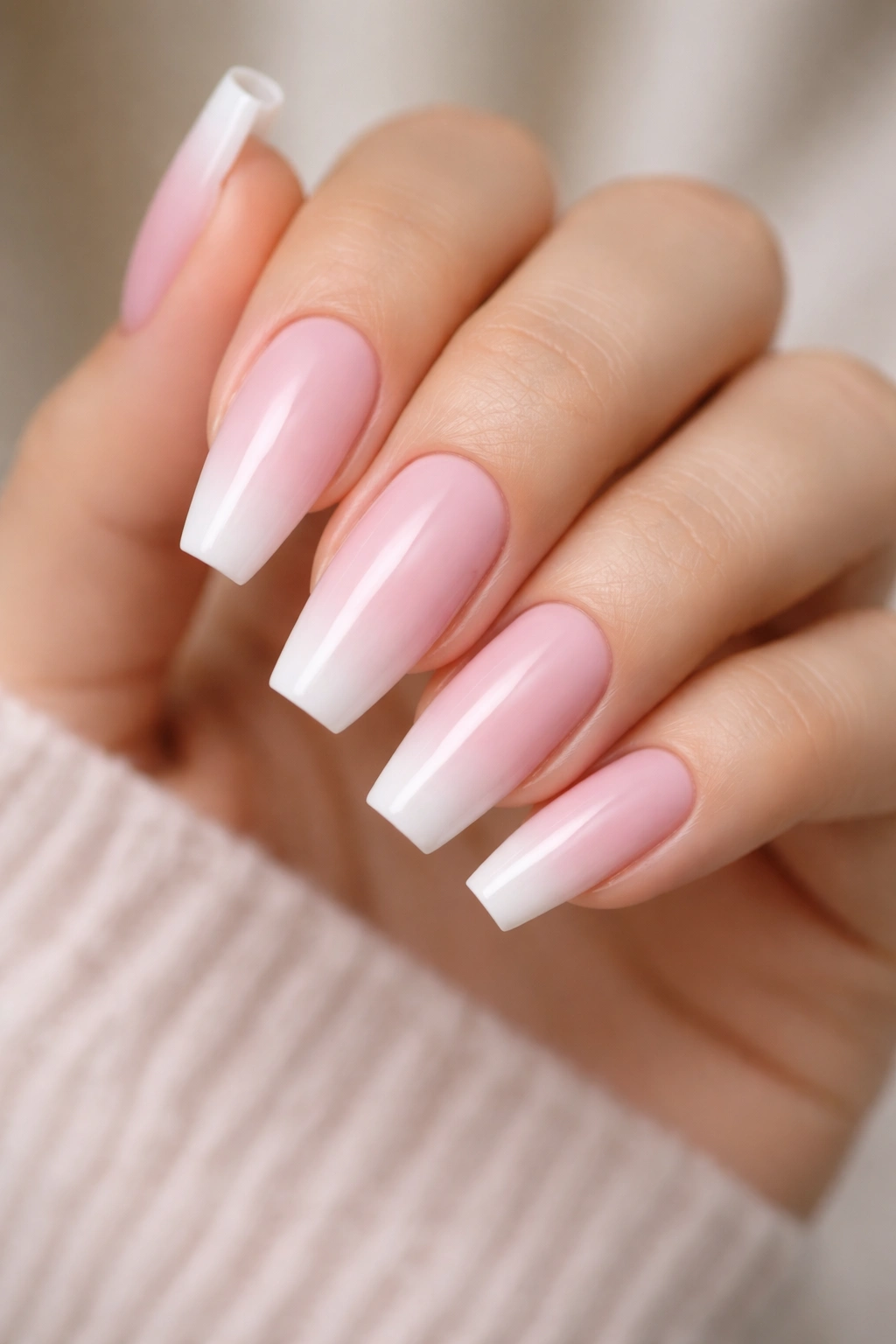 Coffin nails with light pink to white gradient at tips on a hand