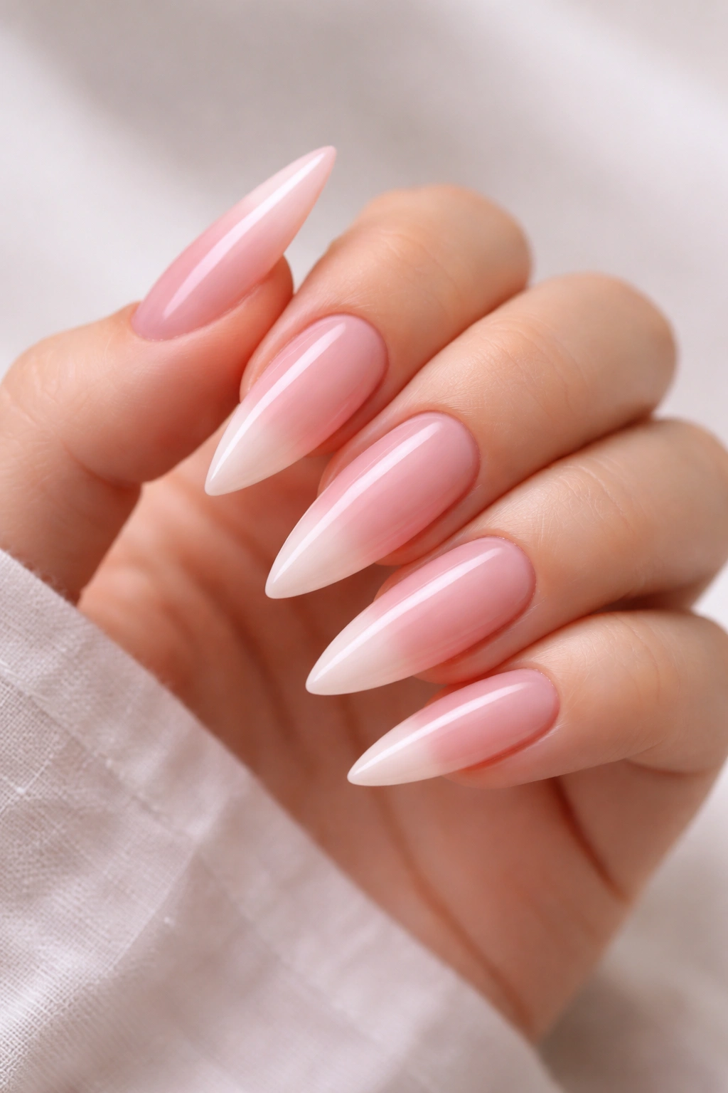 Close-up of soft pink gradient ombre stiletto nails on a hand with nude-pink to rose tips