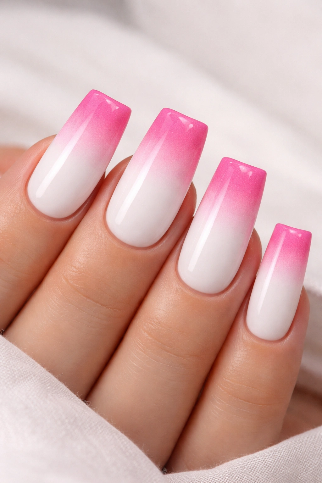 Duck nails with white base and pink gradient tips under studio lighting