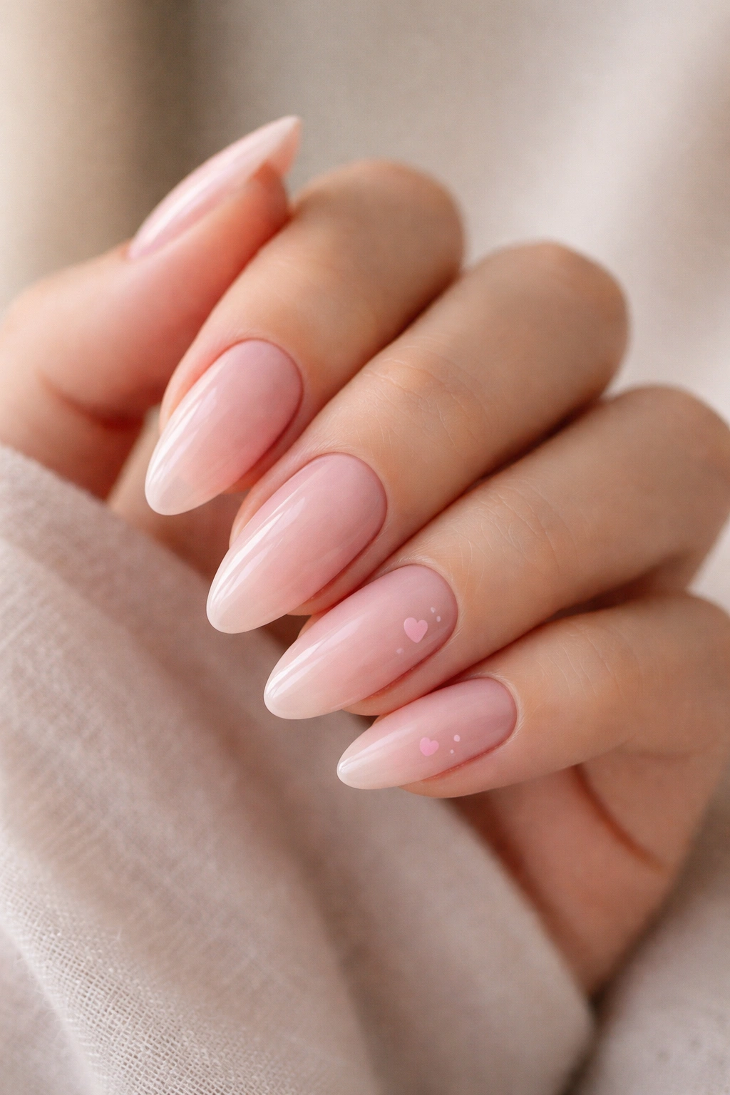 Close-up of pink heart accent almond nails with tiny hearts