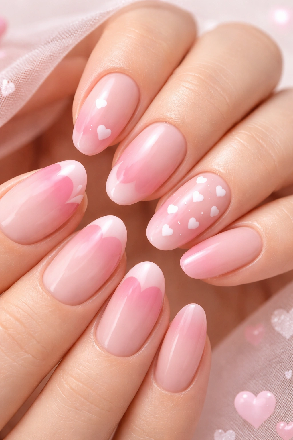 Nails with pink heart accents and romantic nail art
